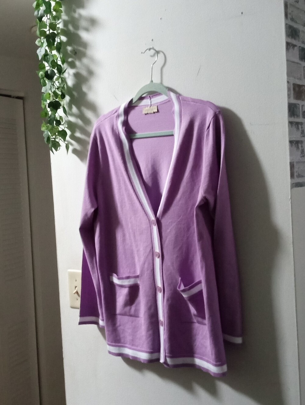 Appleseed's Lavender V-Neck Cardigan with White Trim